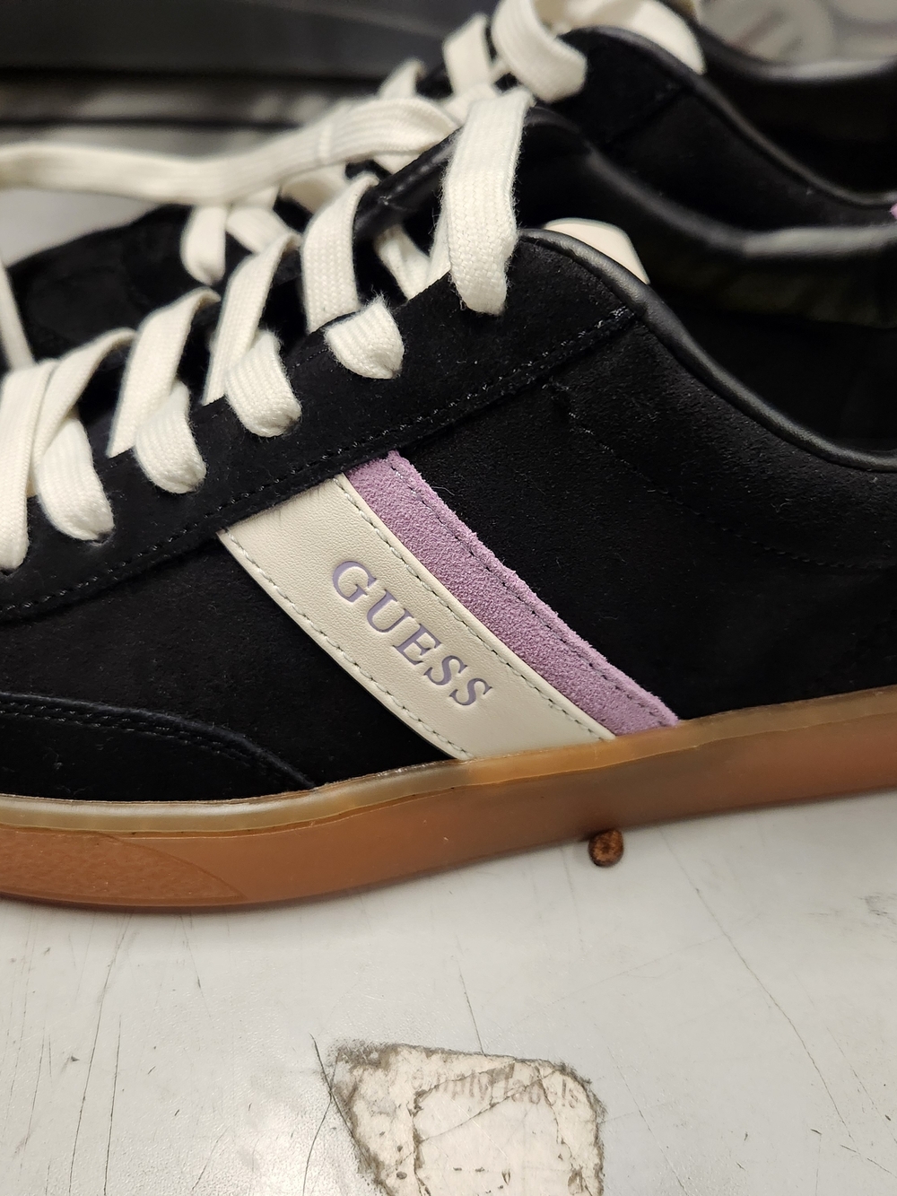Guess Men’s Black Suede Sneakers with White Stripe and Lilac Accent